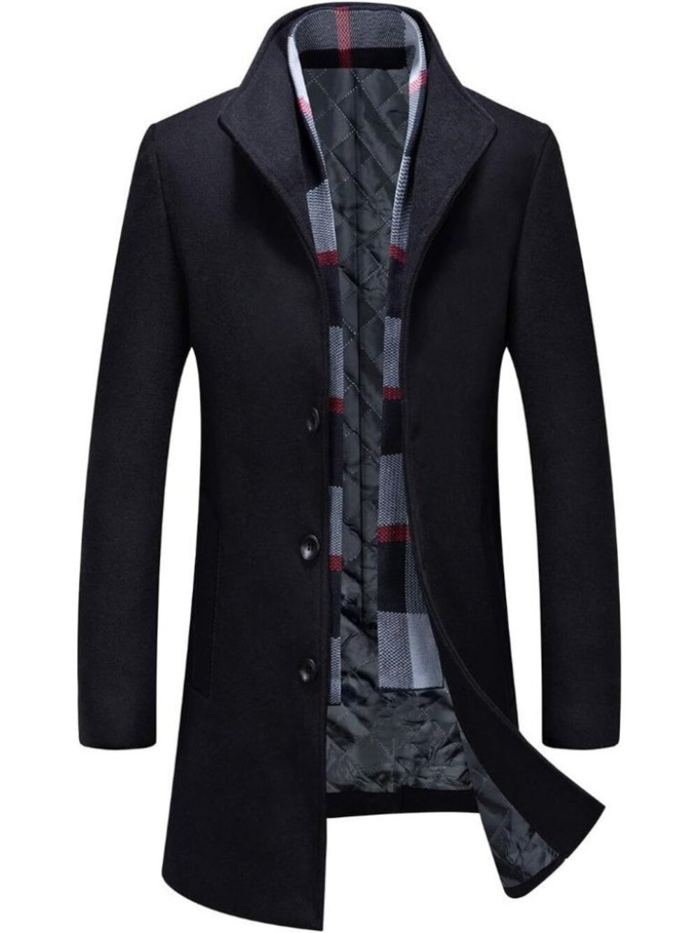 Aptro Men's Wool Trench Coat Winter Business Jacket Overcoat With Scarf- Black - Picture 1 of 6